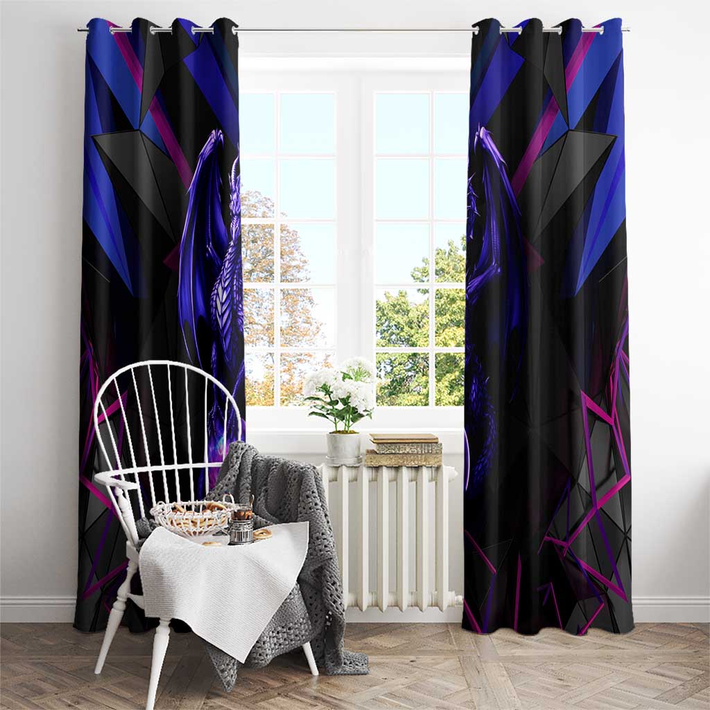 Black window curtain with purple dragon graphic and blue-magenta geometric pattern
