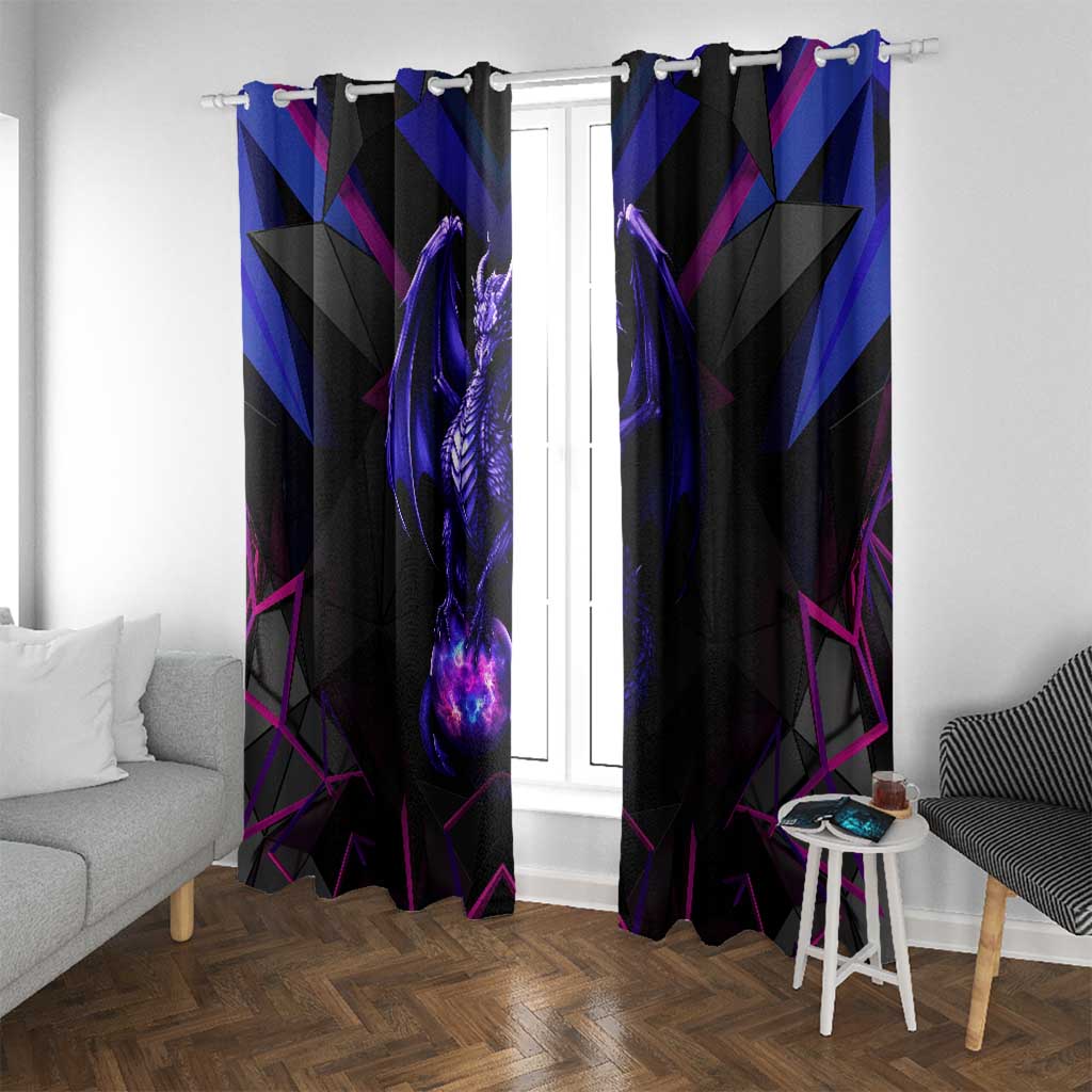 Black window curtain with purple dragon artwork and blue geometric lines
