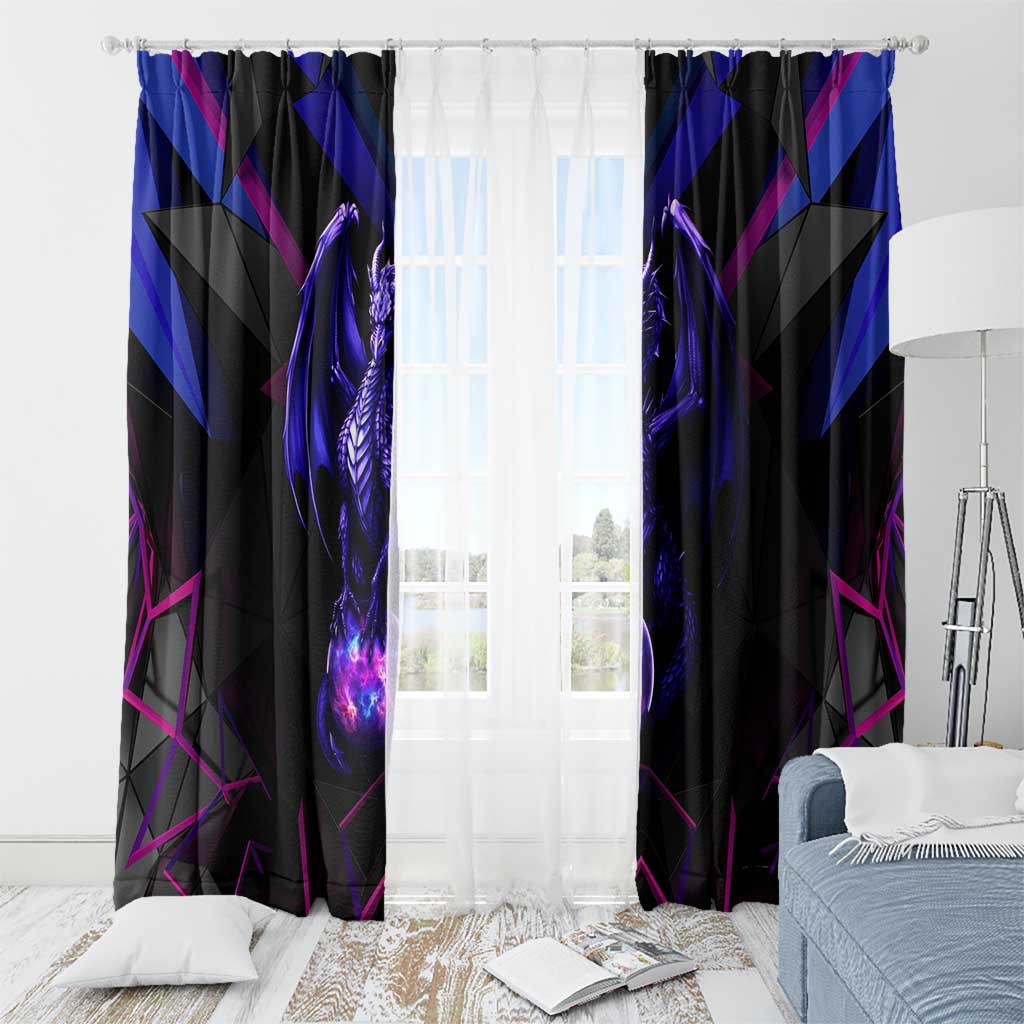 Black window curtain set with glowing purple dragon emblem and blue-magenta geometry