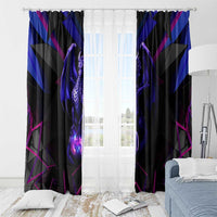 Black window curtain set with glowing purple dragon emblem and blue-magenta geometry