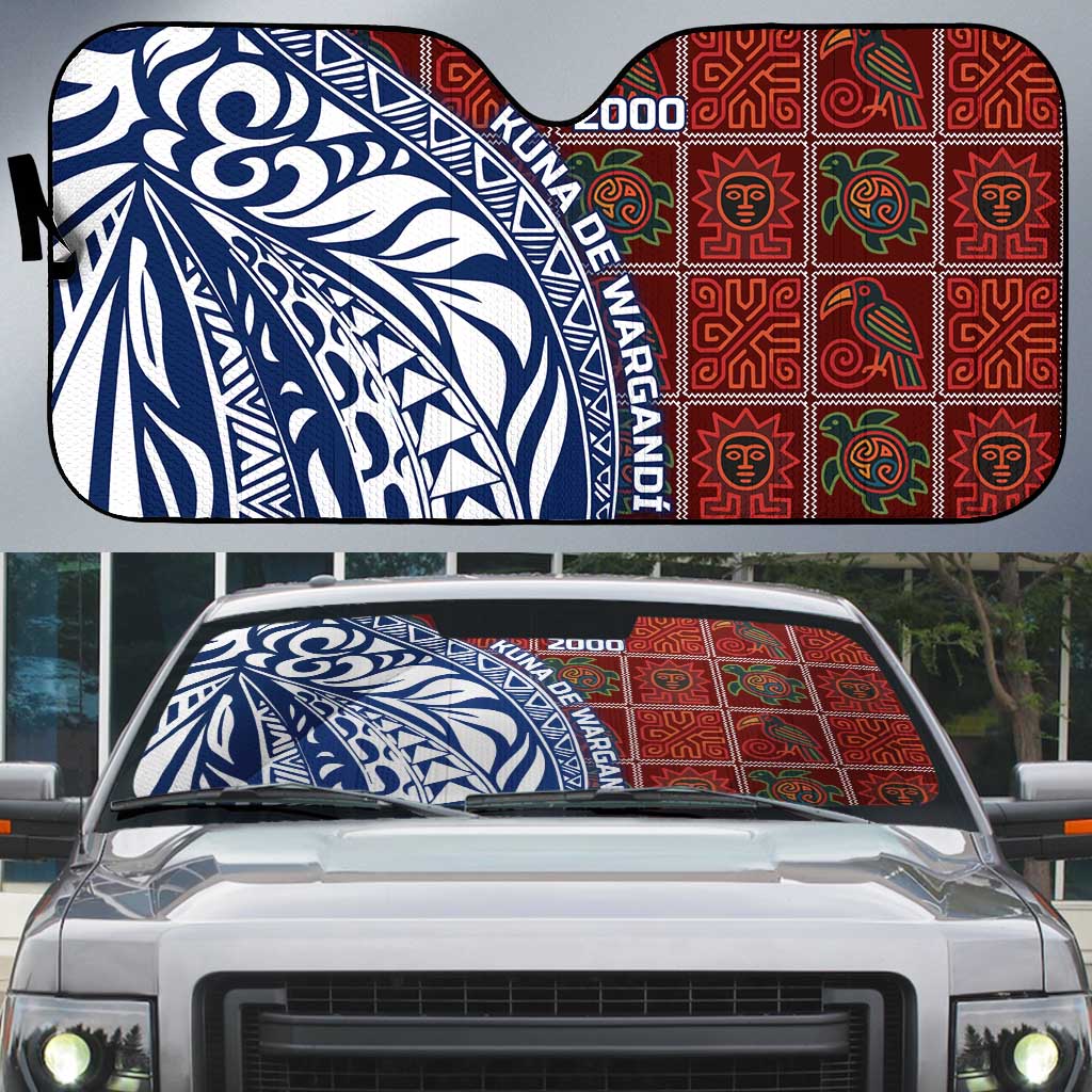 Indigenous Regions of Panama Guna de Wargandí Auto Sun Shade with Tribal Pattern and Blue White Nature and People - Wonder Print Shop