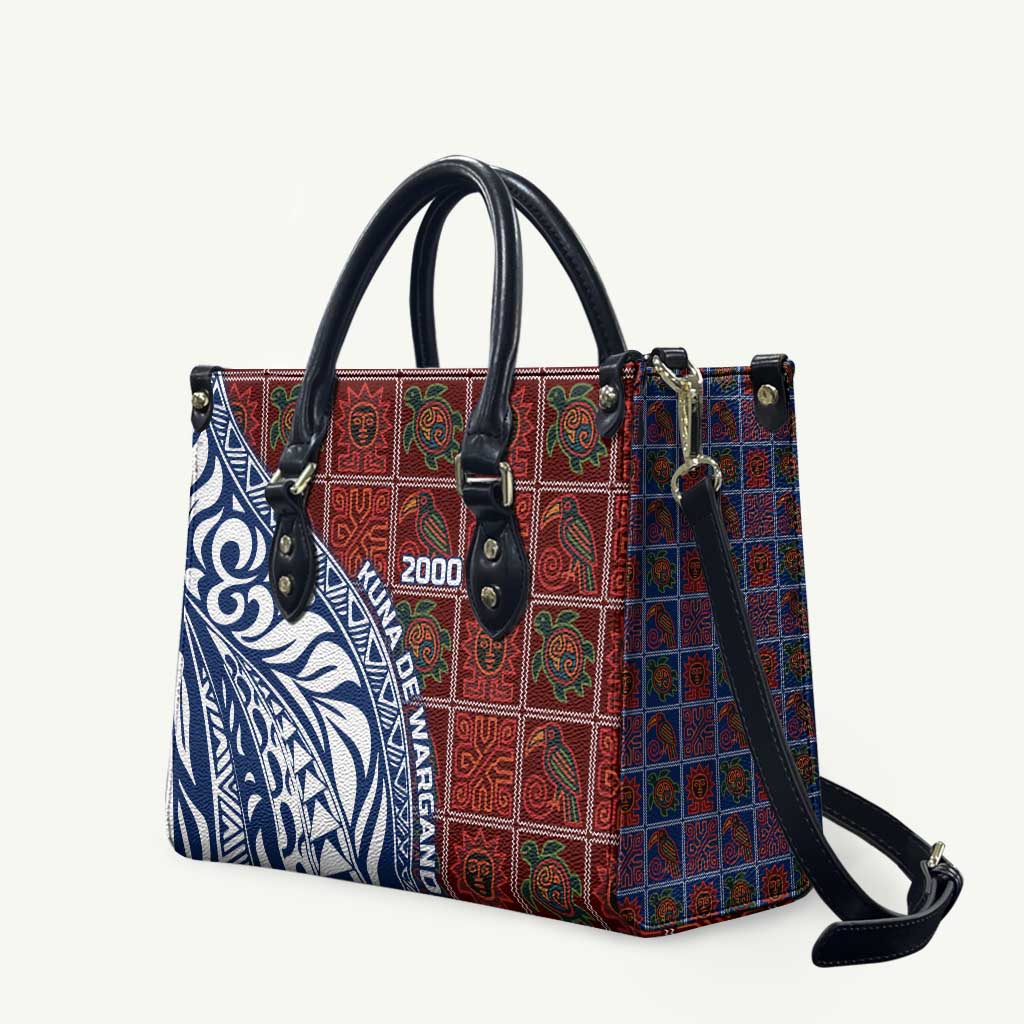 Indigenous Regions of Panama Guna de Wargandí Leather Bag with Tribal Pattern and Blue White Nature and People - Wonder Print Shop