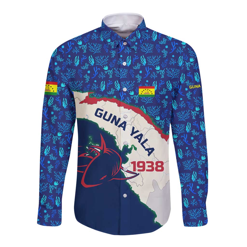 Indigenous Regions of Panama Guna Yala Long Sleeve Button Shirt with Regional Map Lobster Graphic and Coral Pattern 1938 - Wonder Print Shop