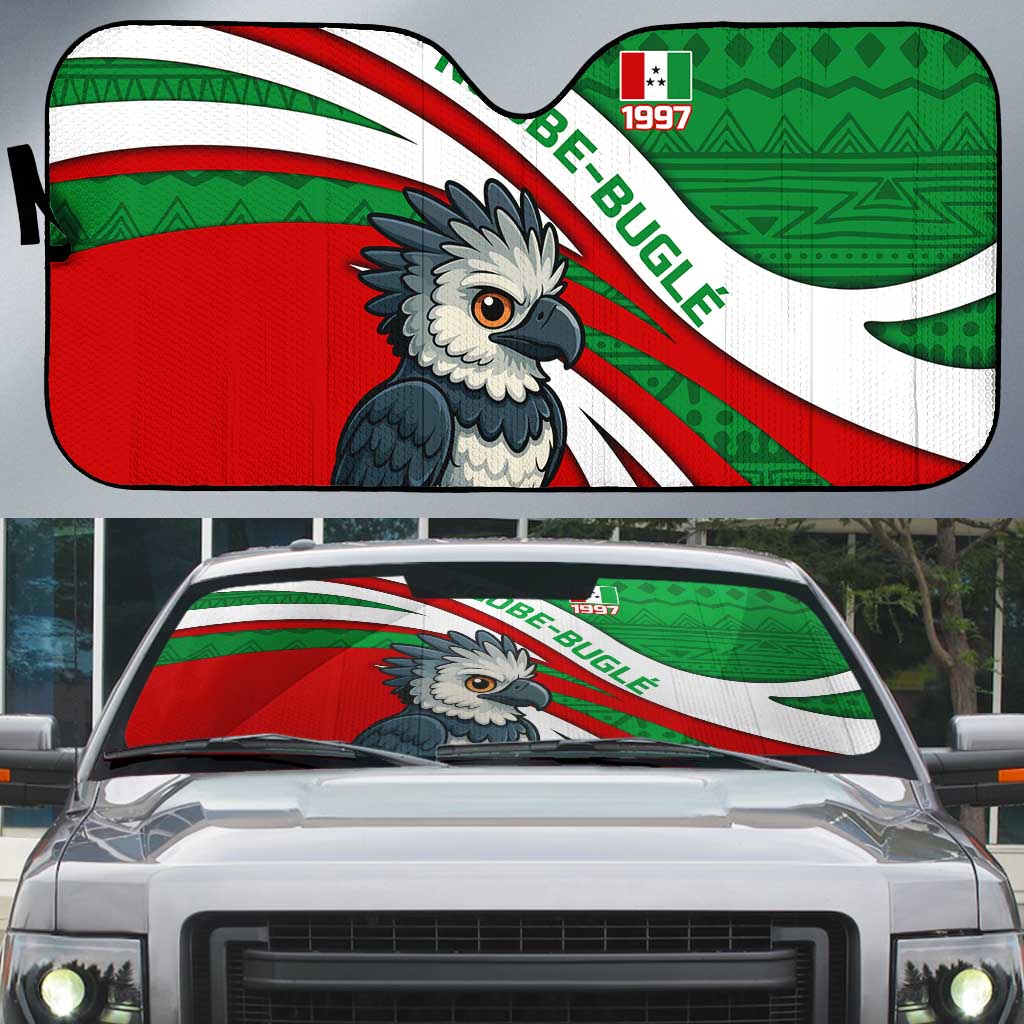 Indigenous Regions of Panama Ngabe-Bugle Auto Sun Shade with Harpy Eagle Graphic and Green Red Tribal Pattern 1997 - Wonder Print Shop
