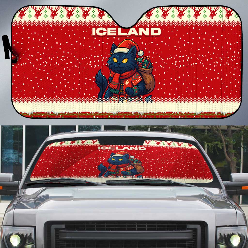 Iceland Christmas Auto Sun Shade with Red Snowflake Pattern Yule Cat and National Coat of Arms Motif - Wonder Print Shop