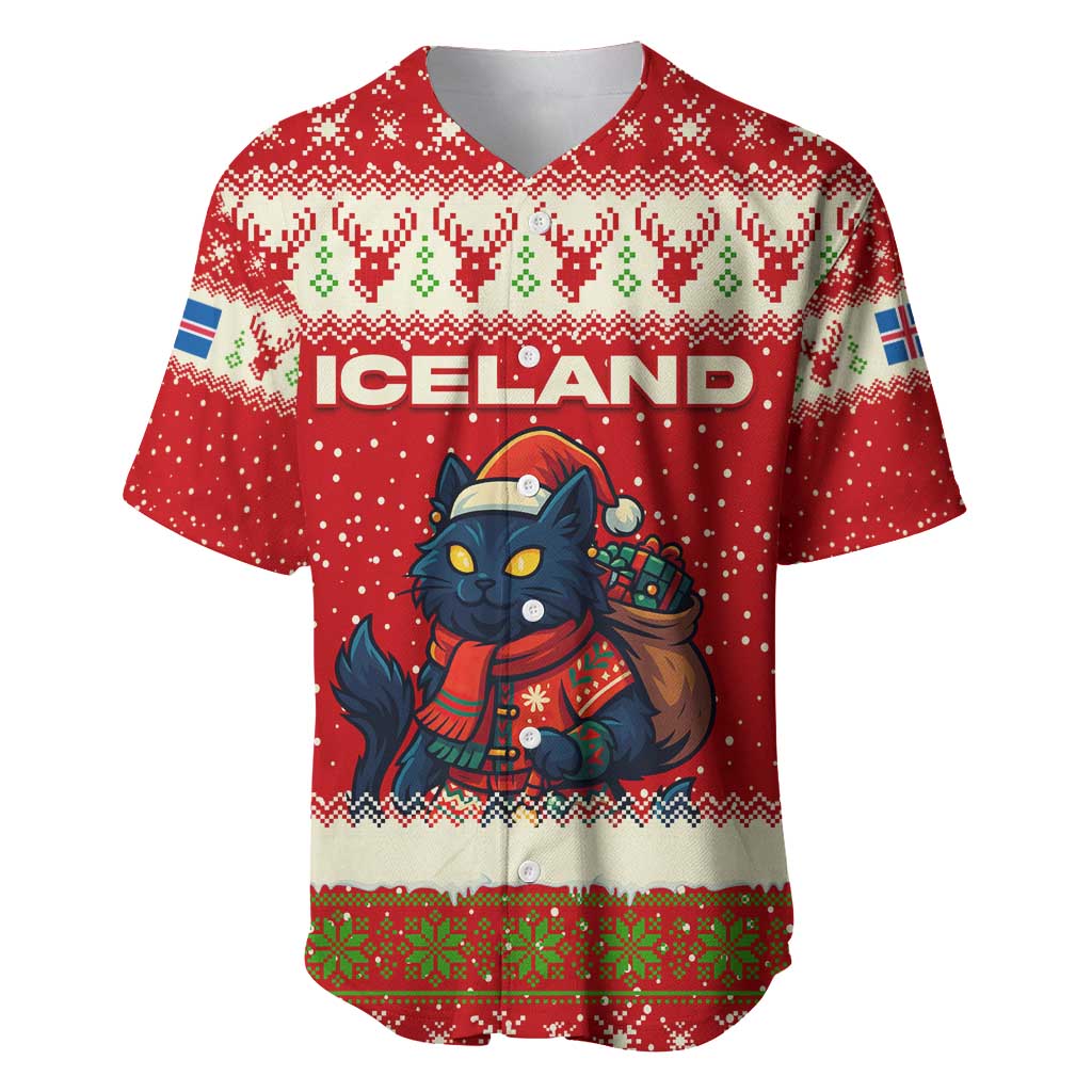 Iceland Christmas Baseball Jersey with Red Snowflake Pattern Yule Cat and National Coat of Arms Motif - Wonder Print Shop