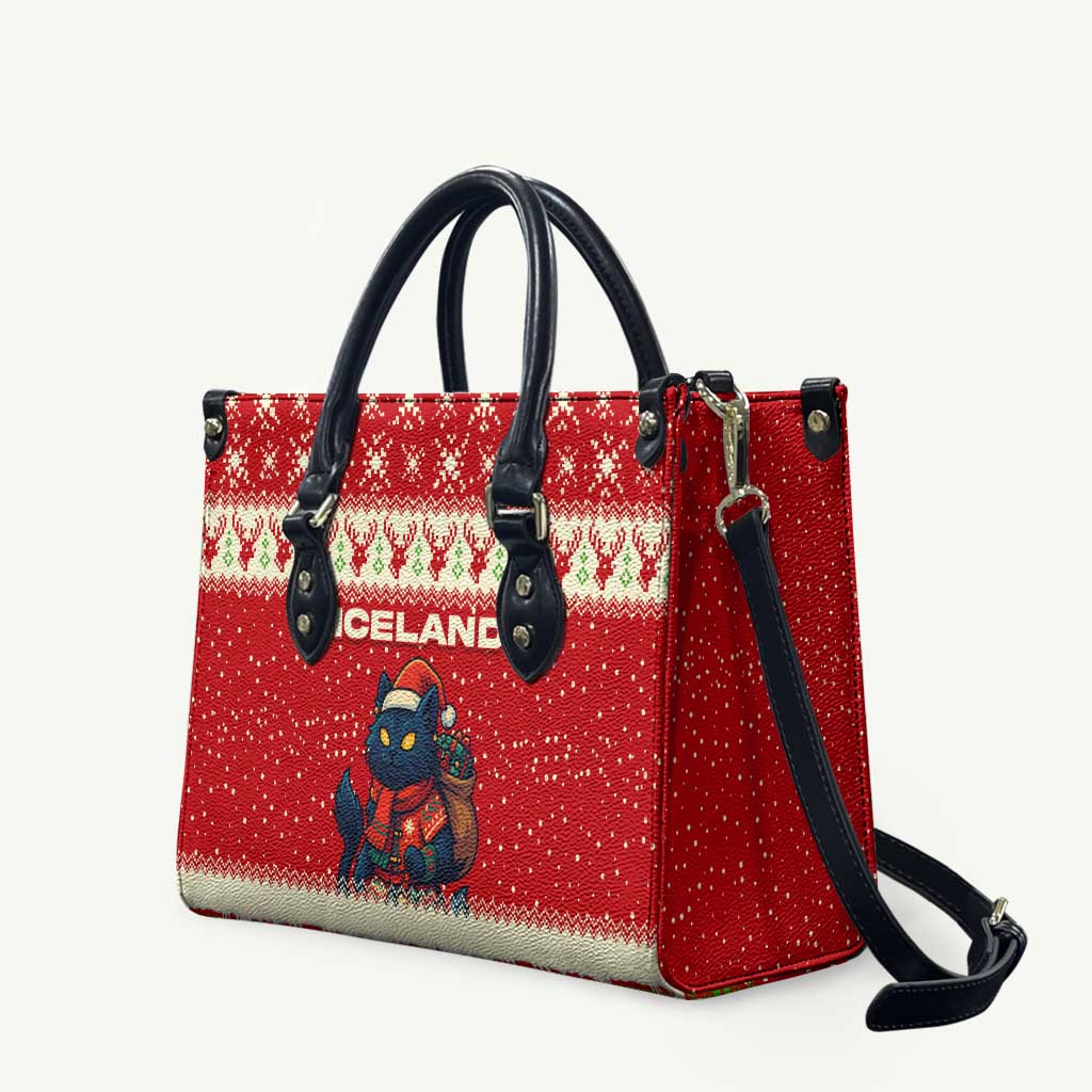 Iceland Christmas Leather Bag with Red Snowflake Pattern Yule Cat and National Coat of Arms Motif - Wonder Print Shop