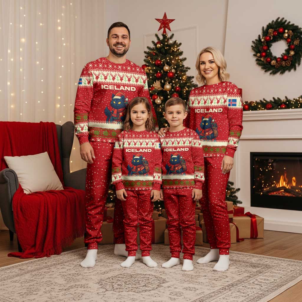 Iceland Christmas Pajama Set with Red Snowflake Pattern Yule Cat and National Coat of Arms Motif - Wonder Print Shop