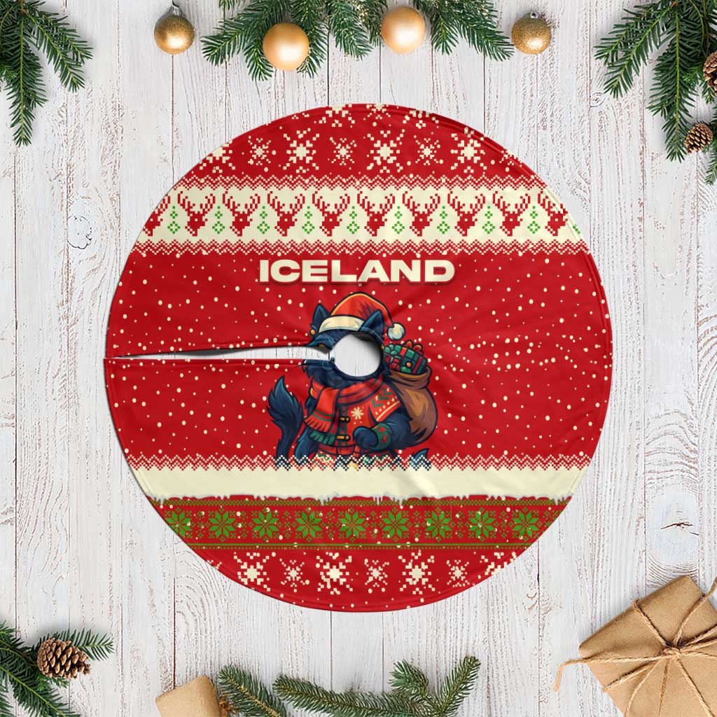 Iceland Christmas Tree Skirt with Red Snowflake Pattern Yule Cat and National Coat of Arms Motif - Wonder Print Shop