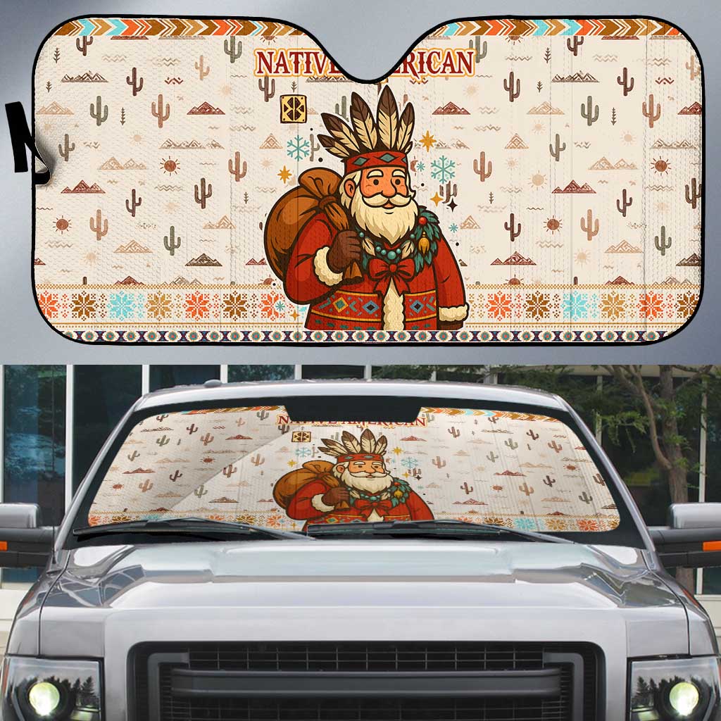 Native American Christmas Auto Sun Shade with Beige Tribal Pattern Santa Claus and Dreamcatcher Motif - Wonder Print Shop