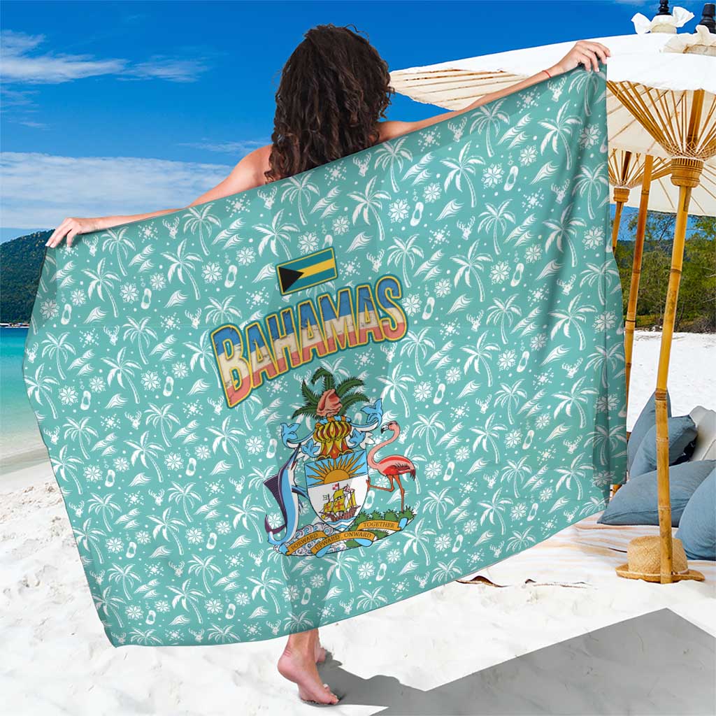 Bahamas Christmas Sarong with Teal Palm Pattern Carnival Santa and National Emblem Motif - Wonder Print Shop