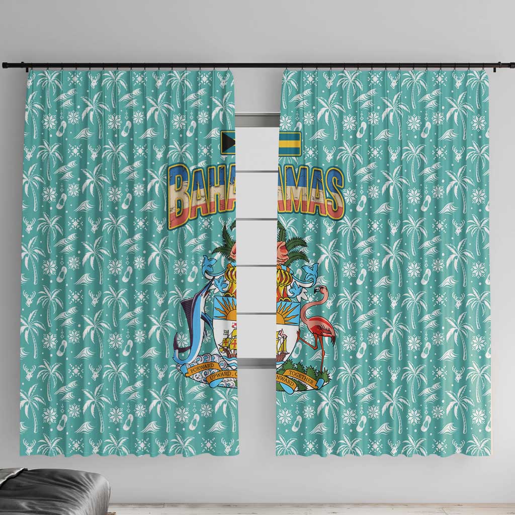 Bahamas Christmas Window Curtain with Teal Palm Pattern Carnival Santa and National Emblem Motif - Wonder Print Shop