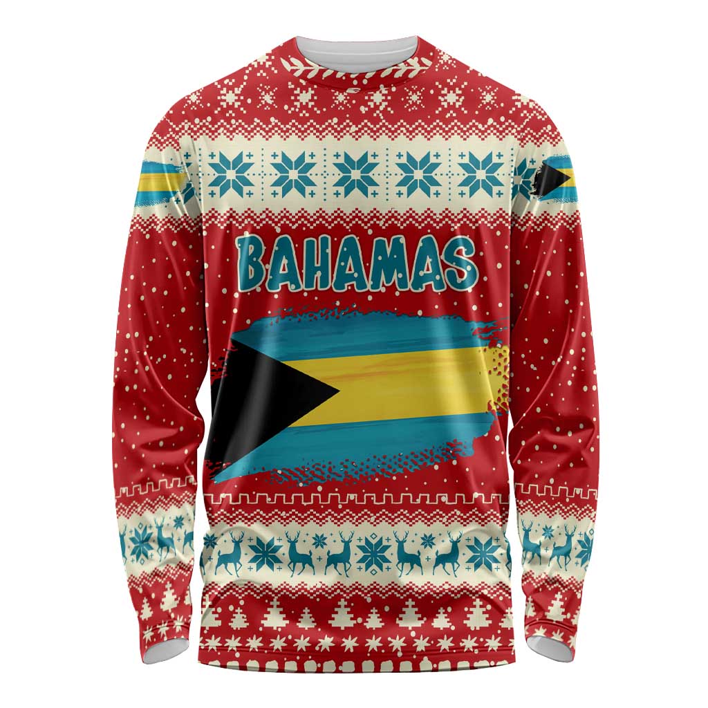 Bahamas Christmas Long Sleeve Shirt with Red Festive Pattern Sailing Santa and National Flag Motif - Wonder Print Shop