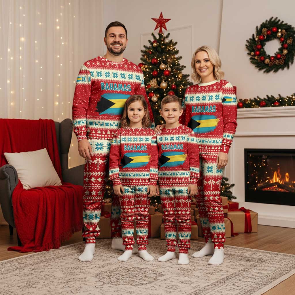 Bahamas Christmas Pajama Set with Red Festive Pattern Sailing Santa and National Flag Motif - Wonder Print Shop