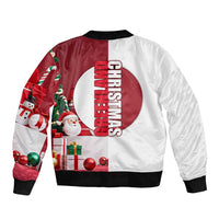 Bomber jacket showing Christmas themed back print, ribbed collar, cuffs, and hem