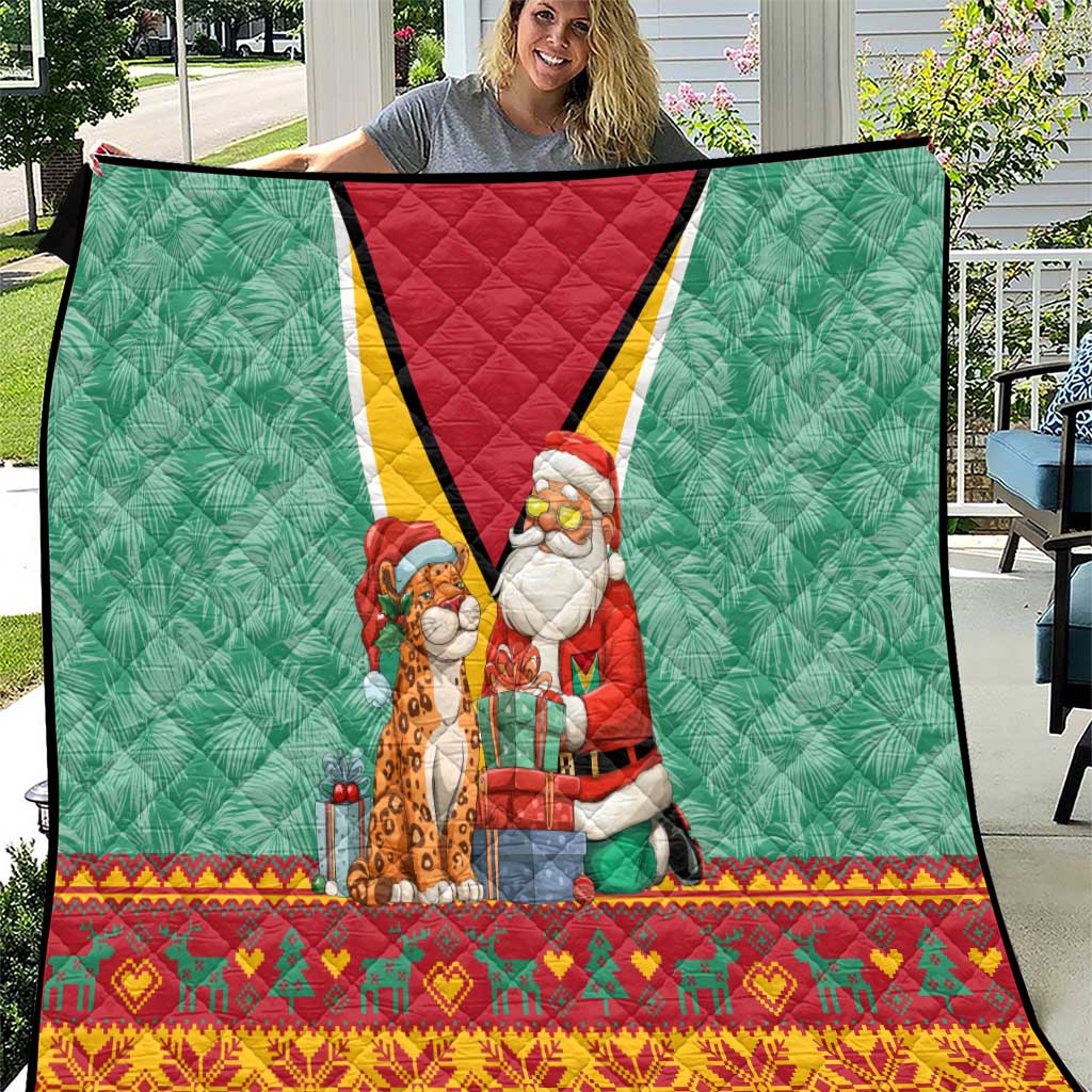 Guyana Christmas Santa Leopard Quilt with Green Red Yellow Gift and Map - Wonder Print Shop
