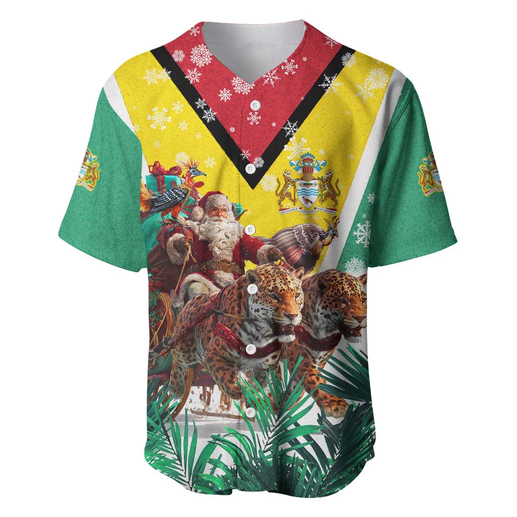 Guyana Flag Baseball Jersey Christmas Santa Jaguar and National Motto Green Yellow - Wonder Print Shop