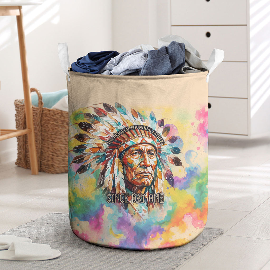 Native American Chief The Original Founding Fathers Laundry Basket Colorful Watercolor Feathers Headdress Tribal