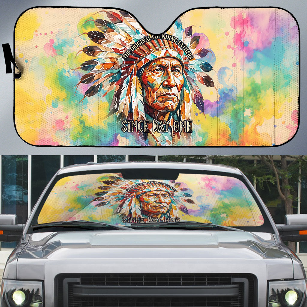Native American Chief The Original Founding Fathers Auto Sun Shade Colorful Watercolor Feathers Headdress Tribal