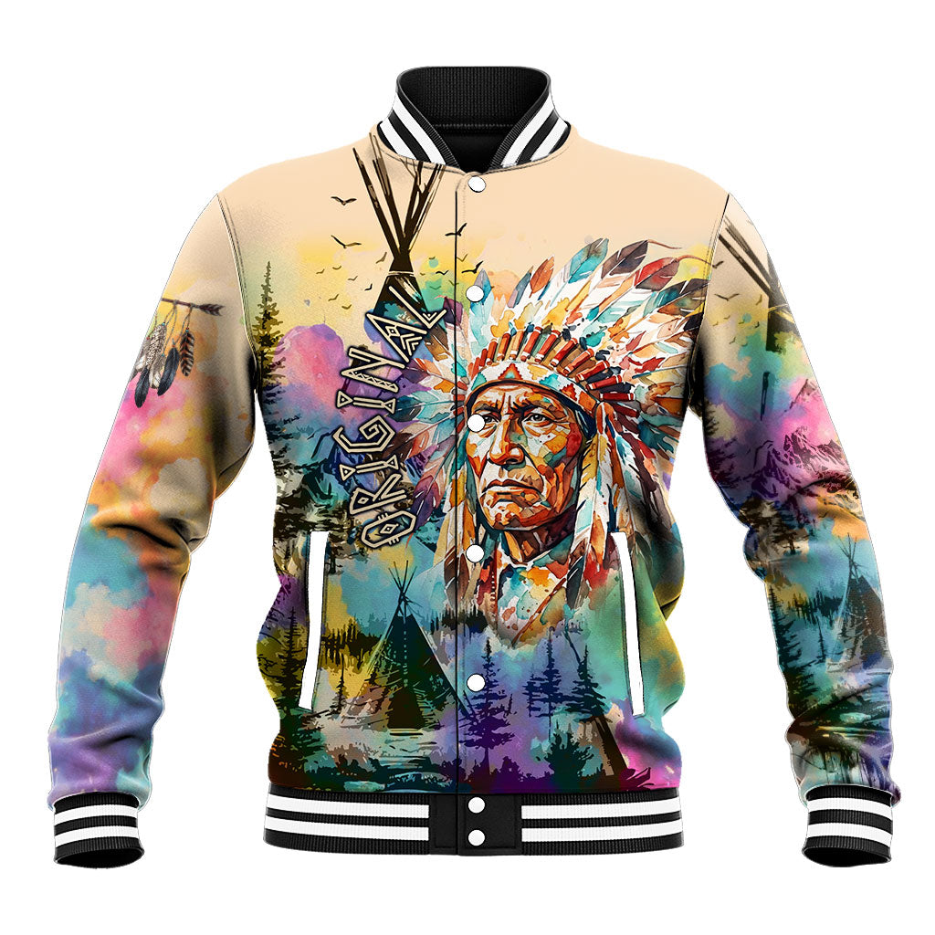 Native American Chief The Original Founding Fathers Baseball Jacket Colorful Watercolor Feathers Headdress Tribal