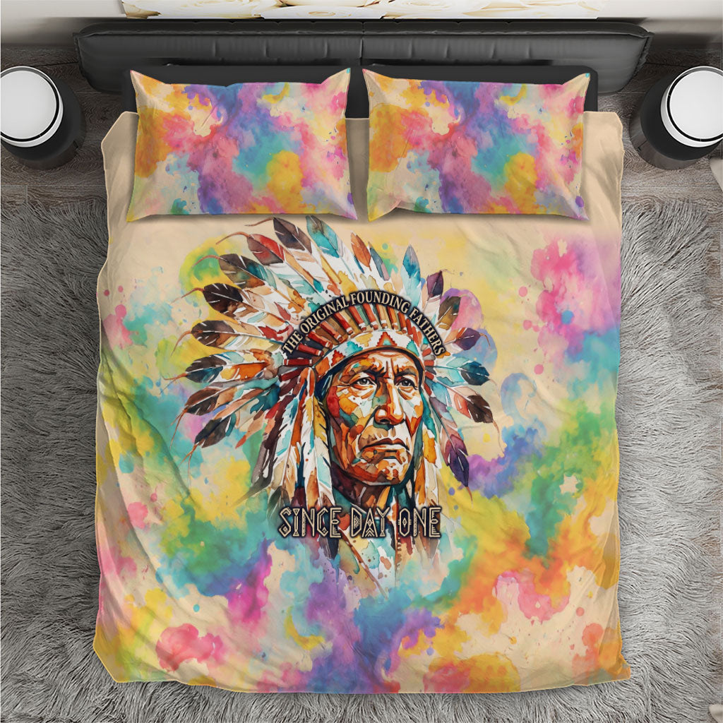 Native American Chief The Original Founding Fathers Bedding Set Colorful Watercolor Feathers Headdress Tribal