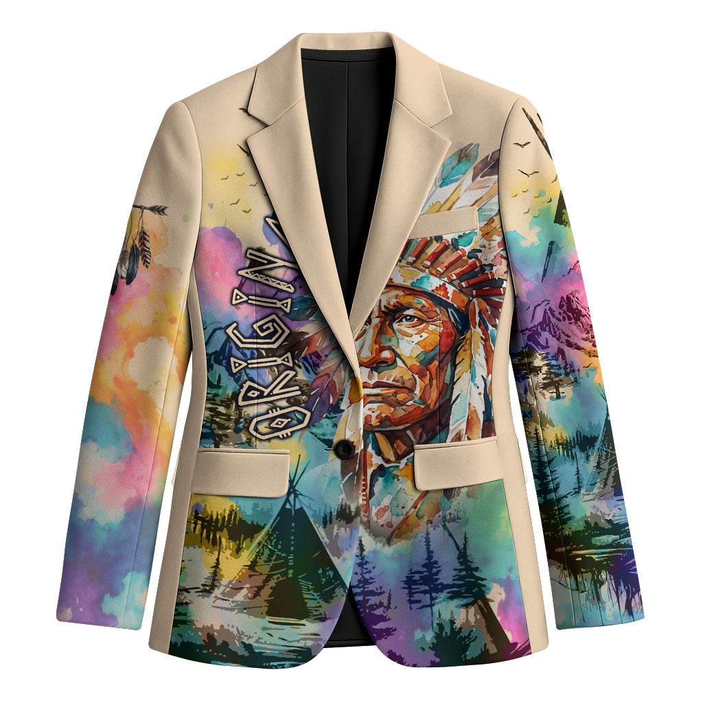 Native American Chief The Original Founding Fathers Blazer Colorful Watercolor Feathers Headdress Tribal