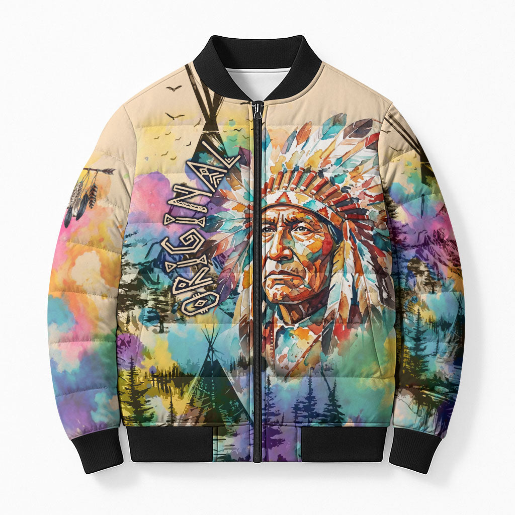 Native American Chief The Original Founding Fathers Bomber Puffer Jacket Colorful Watercolor Feathers Headdress Tribal