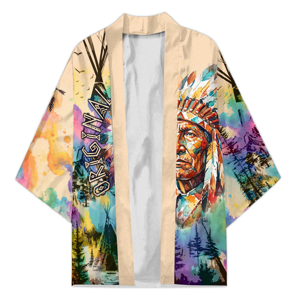 Native American Chief The Original Founding Fathers Kimono Colorful Watercolor Feathers Headdress Tribal