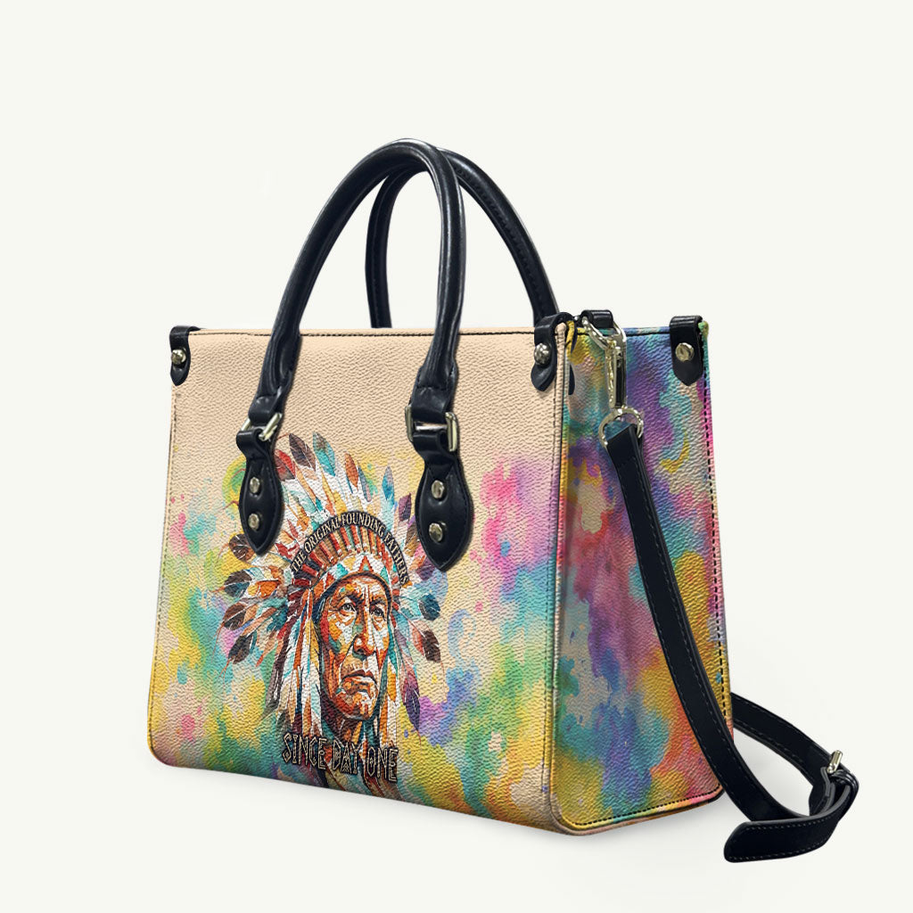 Native American Chief The Original Founding Fathers Leather Bag Colorful Watercolor Feathers Headdress Tribal