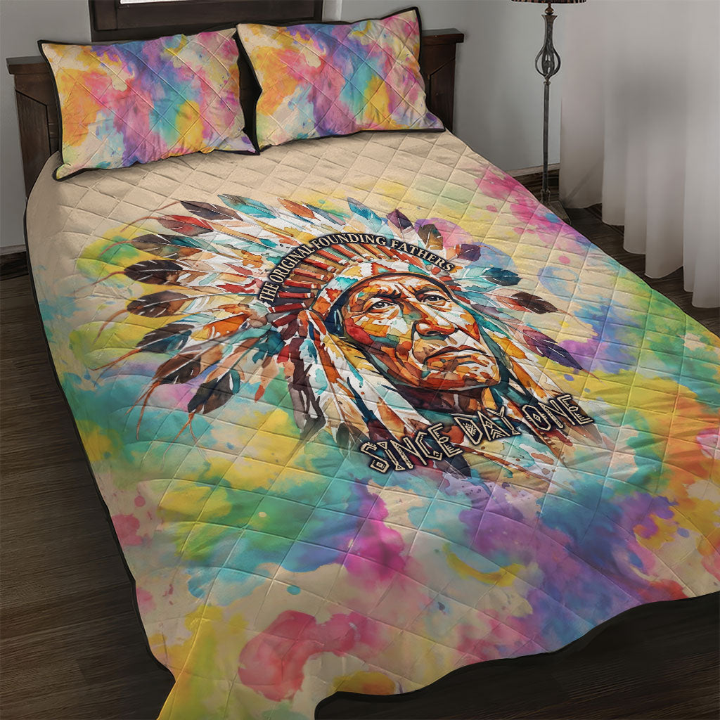 Native American Chief The Original Founding Fathers Quilt Bed Set Colorful Watercolor Feathers Headdress Tribal