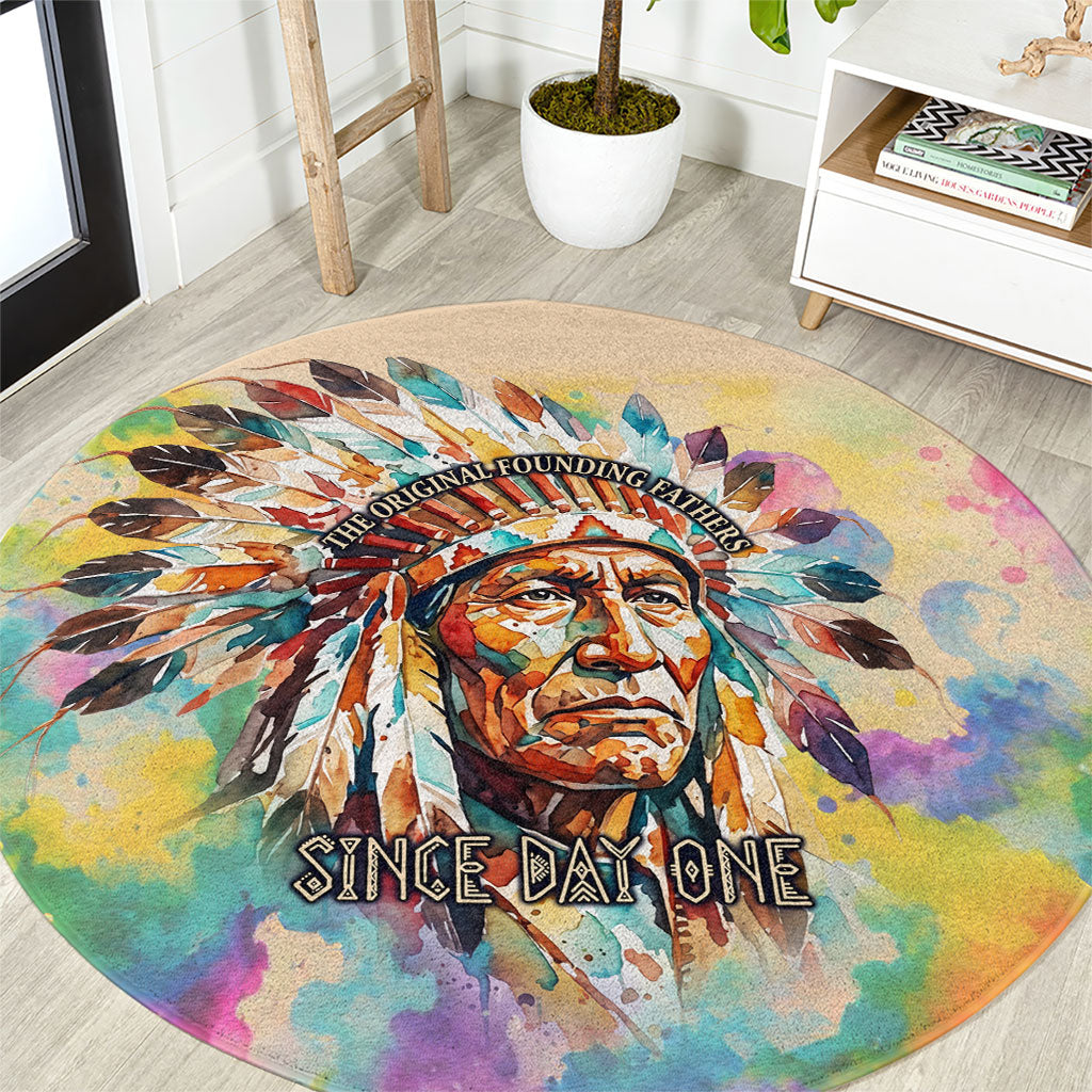 Native American Chief The Original Founding Fathers Round Carpet Colorful Watercolor Feathers Headdress Tribal