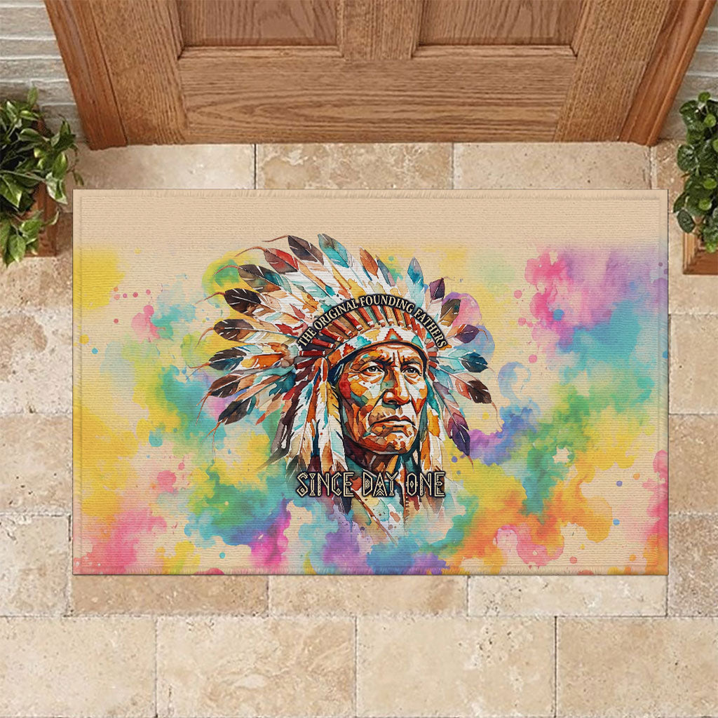 Native American Chief The Original Founding Fathers Rubber Doormat Colorful Watercolor Feathers Headdress Tribal