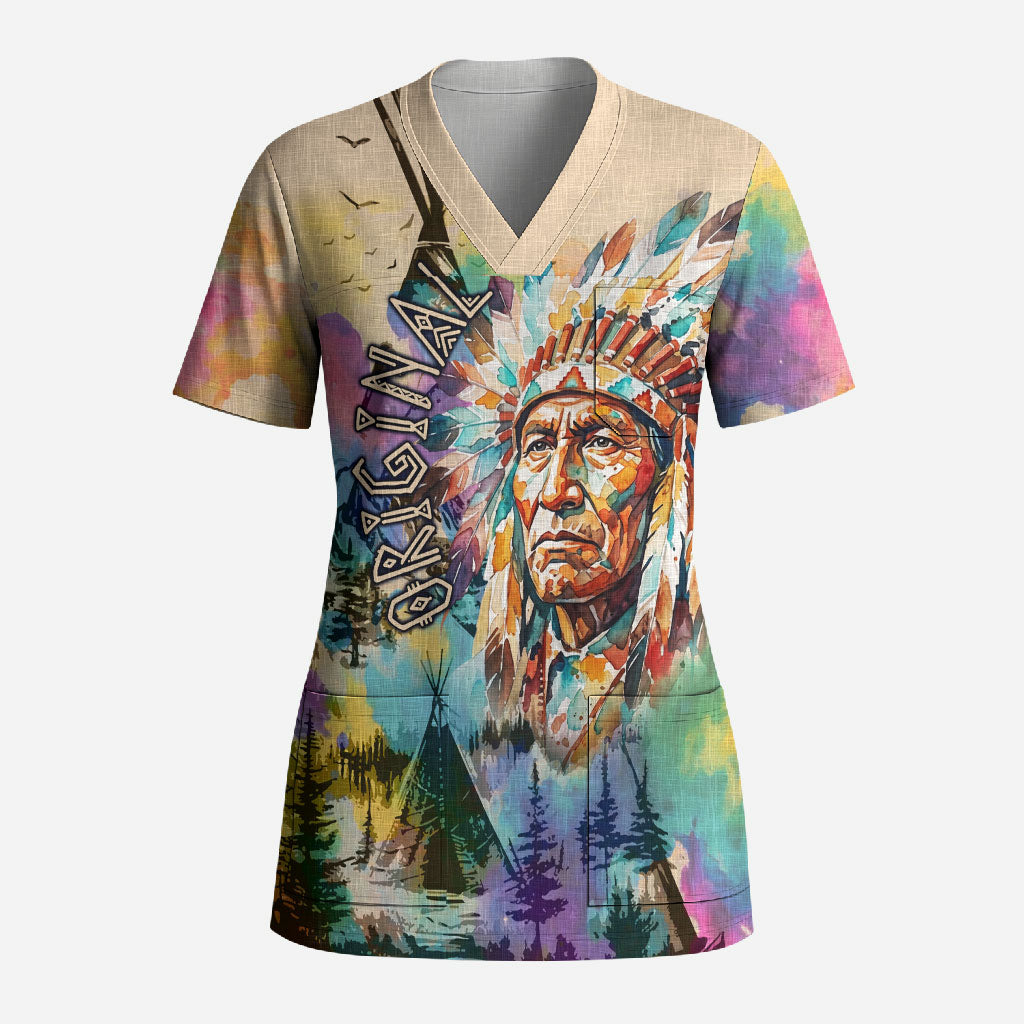 Native American Chief The Original Founding Fathers Scrub Top Colorful Watercolor Feathers Headdress Tribal