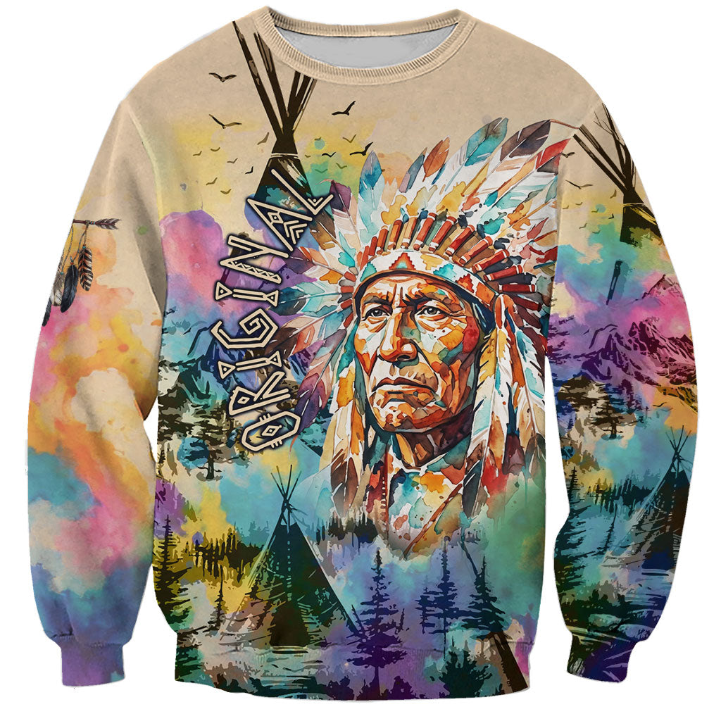 Native American Chief The Original Founding Fathers Sweatshirt Colorful Watercolor Feathers Headdress Tribal