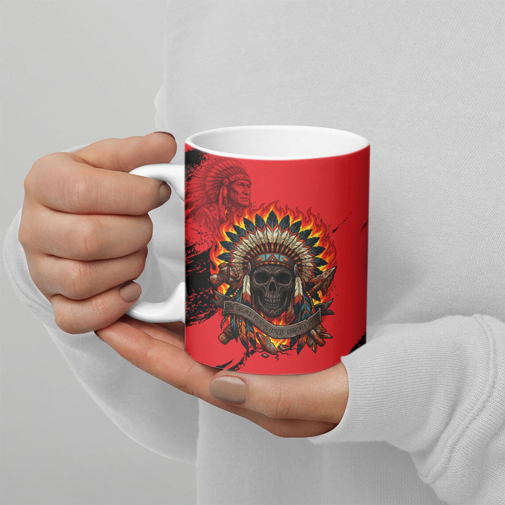 Native American Chief Skull Ceramic Mug Original Founding Fathers Headdress Feather