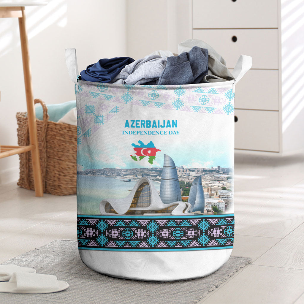 Azerbaijan Independence Day Flag Map Laundry Basket Baku Landmarks And Traditional Geometric