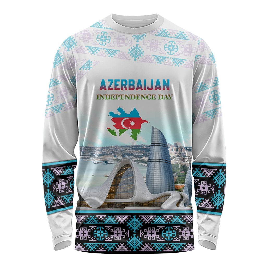 Azerbaijan Independence Day Flag Map Long Sleeve Shirt Baku Landmarks And Traditional Geometric