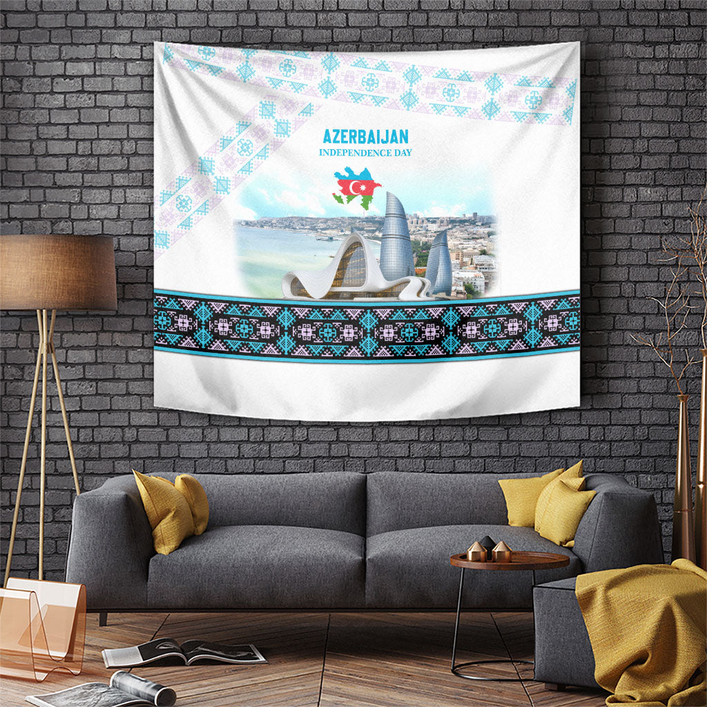 Azerbaijan Independence Day Flag Map Tapestry Baku Landmarks And Traditional Geometric