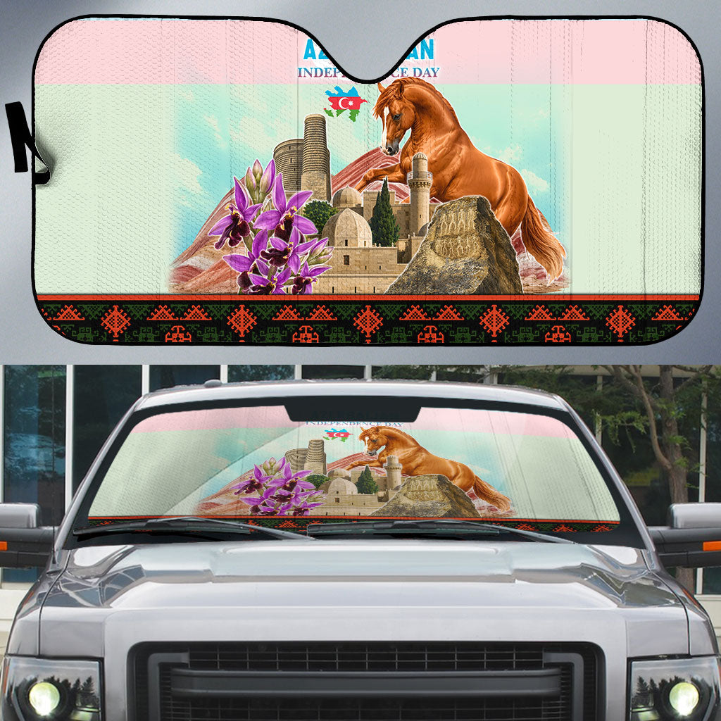 Azerbaijan Independence Day Karabakh Horse Auto Sun Shade Patriotic Landmarks And Khari Bulbul Floral