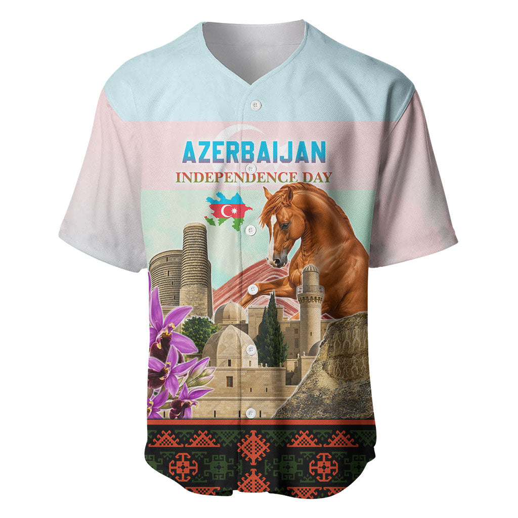 Azerbaijan Independence Day Karabakh Horse Baseball Jersey Patriotic Landmarks And Khari Bulbul Floral
