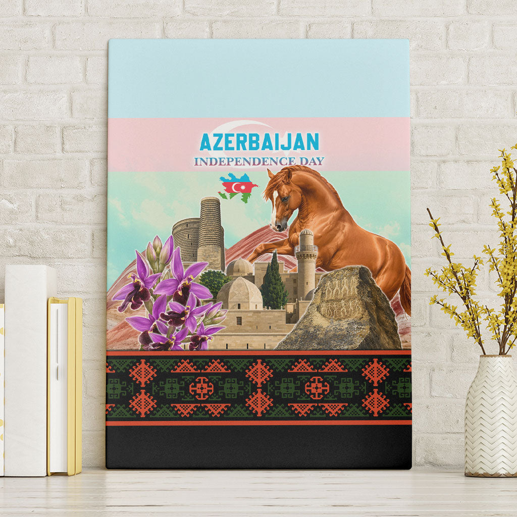 Azerbaijan Independence Day Karabakh Horse Canvas Wall Art Patriotic Landmarks And Khari Bulbul Floral