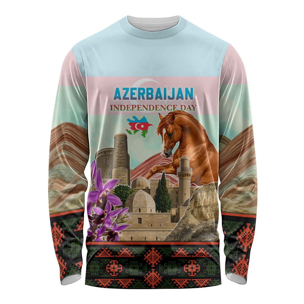 Azerbaijan Independence Day Karabakh Horse Long Sleeve Shirt Patriotic Landmarks And Khari Bulbul Floral