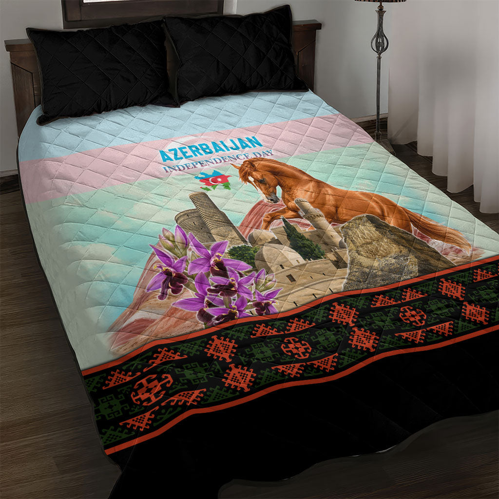 Azerbaijan Independence Day Karabakh Horse Quilt Bed Set Patriotic Landmarks And Khari Bulbul Floral