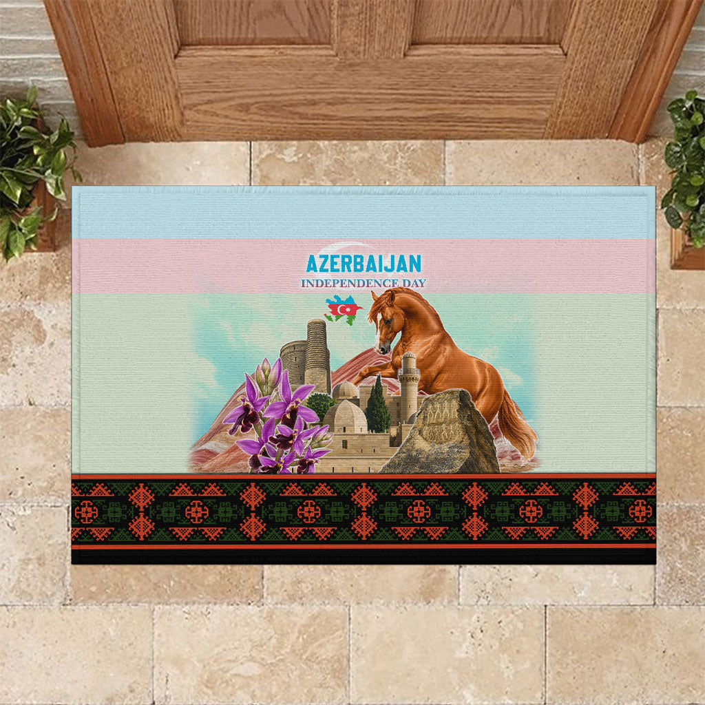 Azerbaijan Independence Day Karabakh Horse Rubber Doormat Patriotic Landmarks And Khari Bulbul Floral