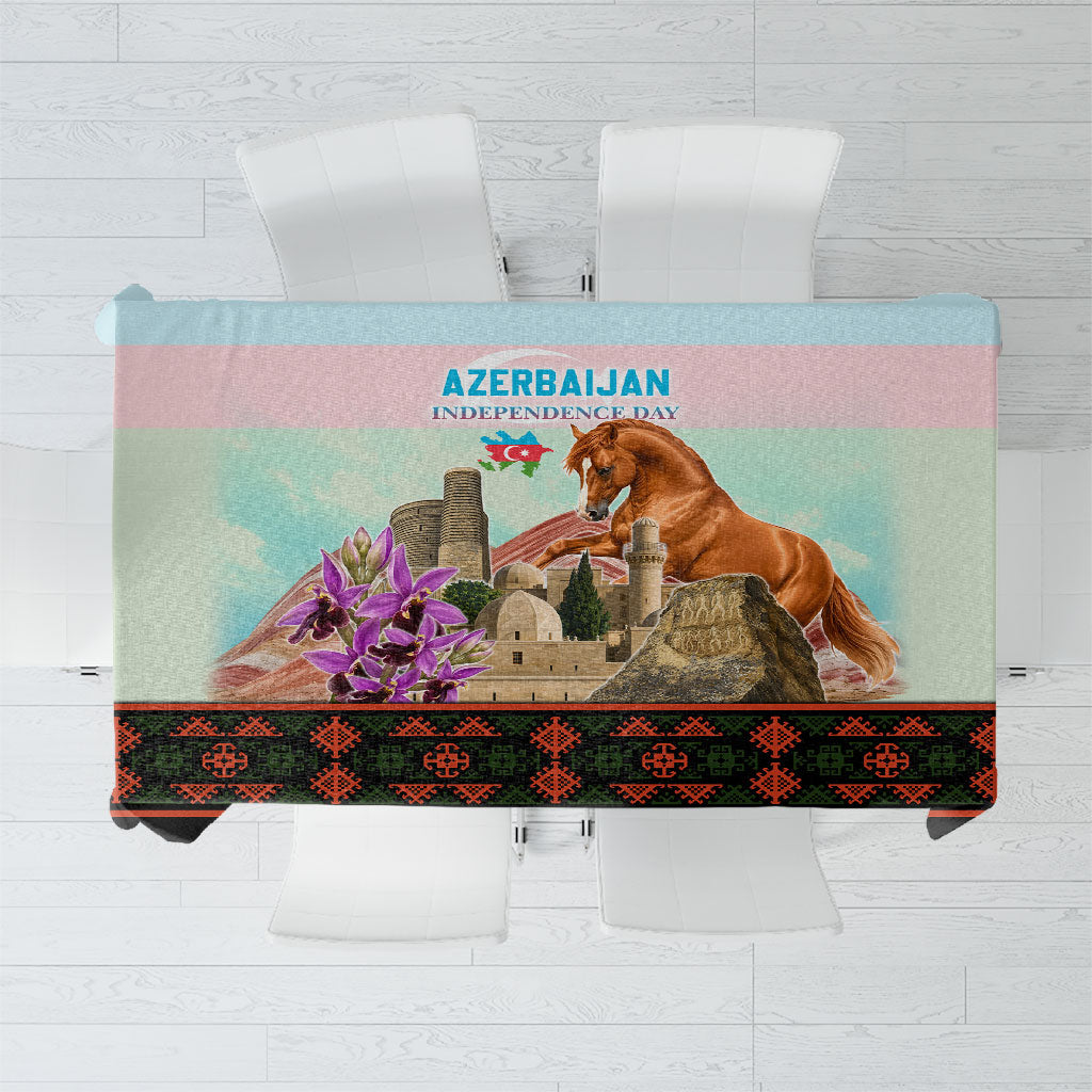 Azerbaijan Independence Day Karabakh Horse Tablecloth Patriotic Landmarks And Khari Bulbul Floral
