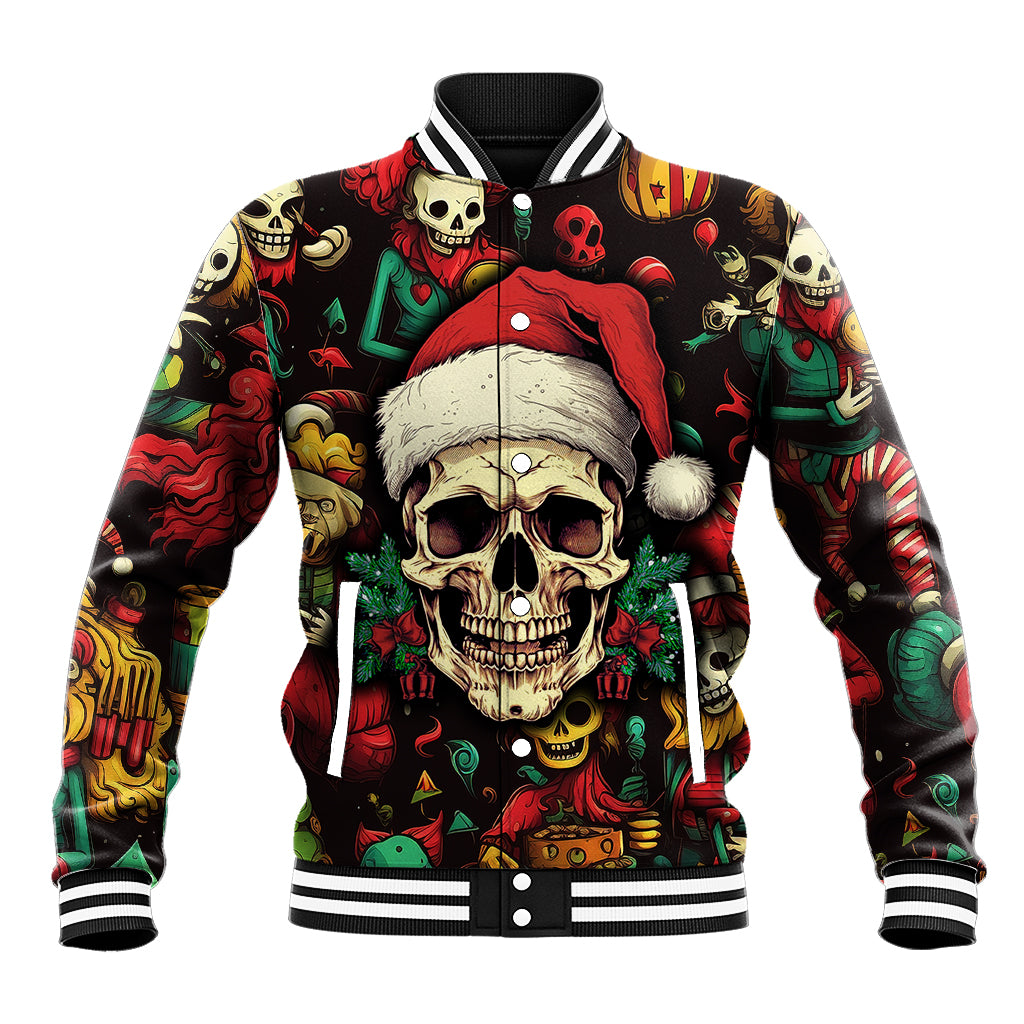 Black varsity jacket with ribbed collar, red Santa hat skull graphic and button-front
