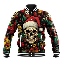 Black varsity jacket with ribbed collar, red Santa hat skull graphic and button-front