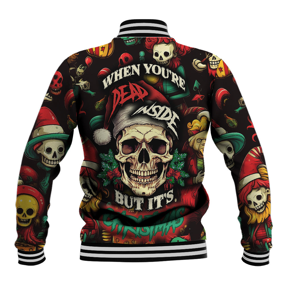 Black baseball jacket with ribbed striped collar and cuffs, skull and Christmas character graphic