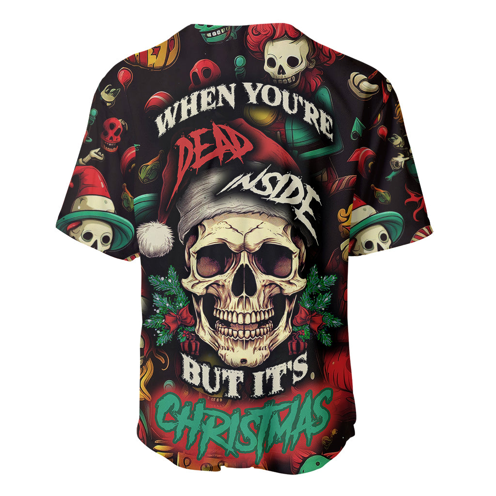 Black skull Christmas baseball jersey, colorful graphics, short sleeves, crew neck.