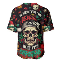 Black skull Christmas baseball jersey, colorful graphics, short sleeves, crew neck.
